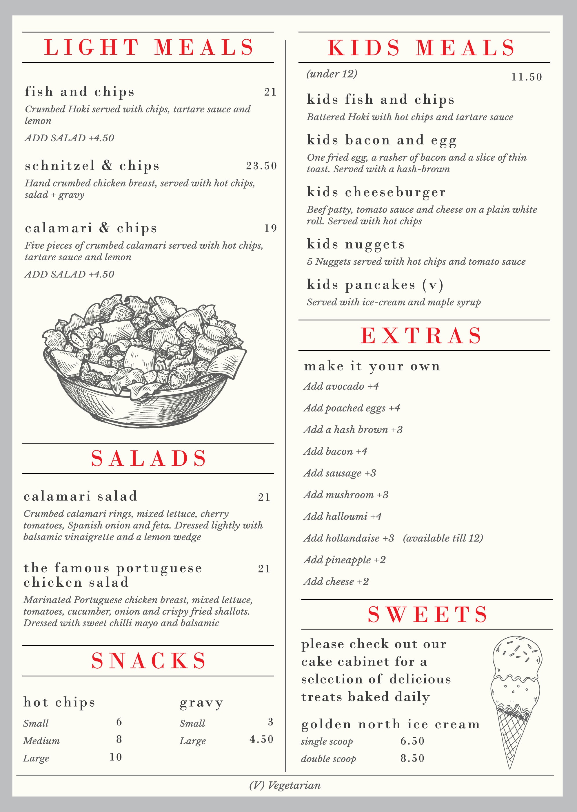 Amy's Country Cafe menu — Light Meals, Salads, Kids Meals, Snacks and Sweets